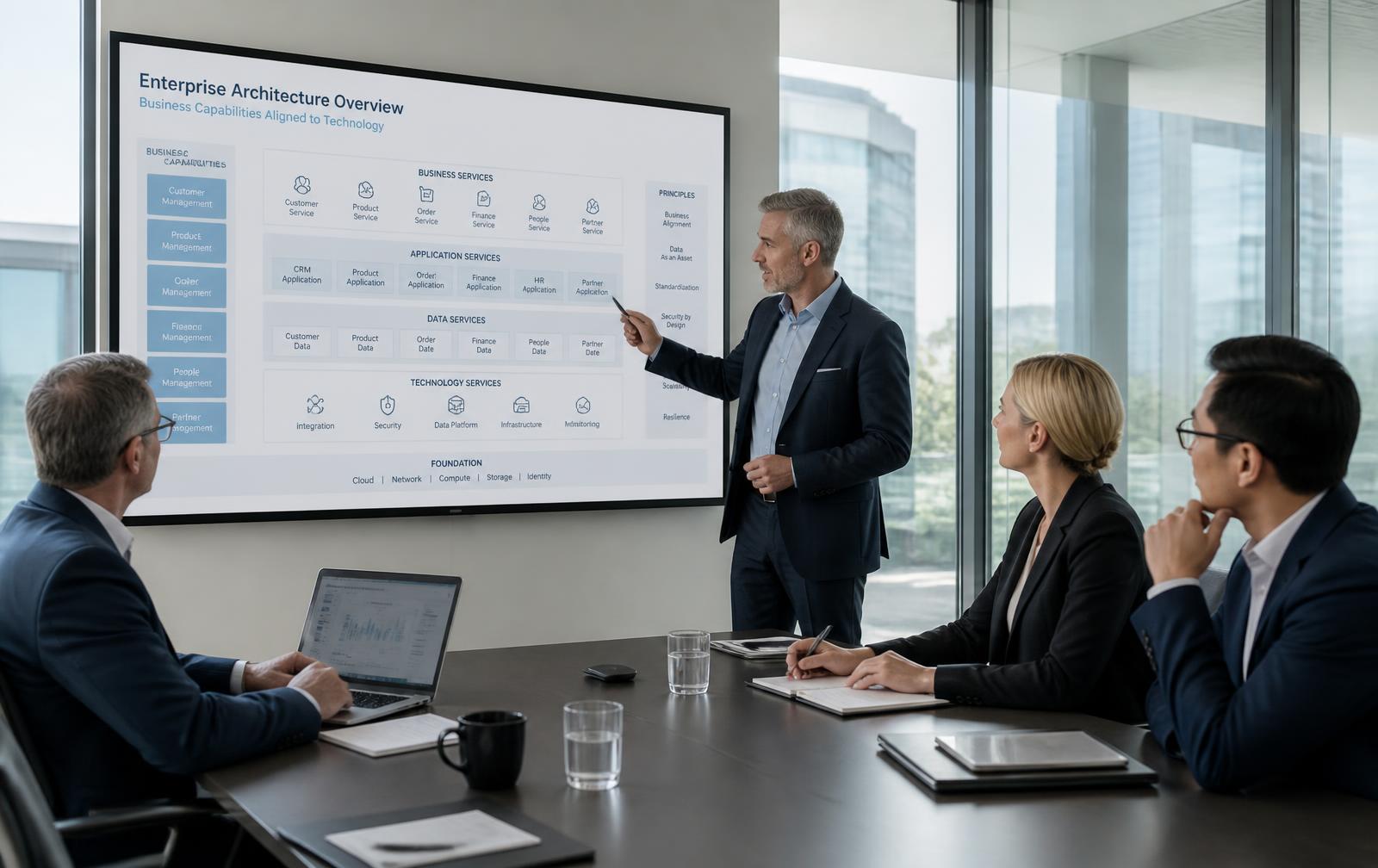 Enterprise architecture review session with senior technology leaders