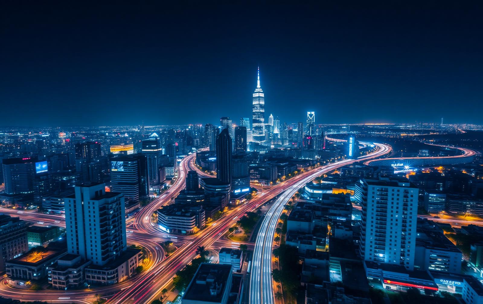 Night city aerial with vehicle light trails