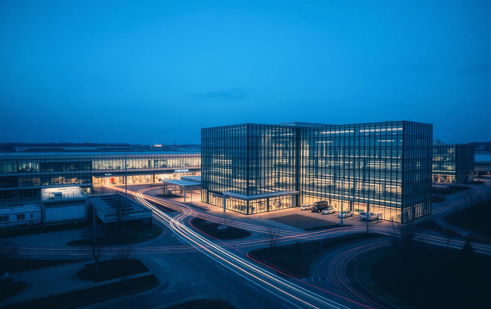 Large-scale enterprise campus at blue hour