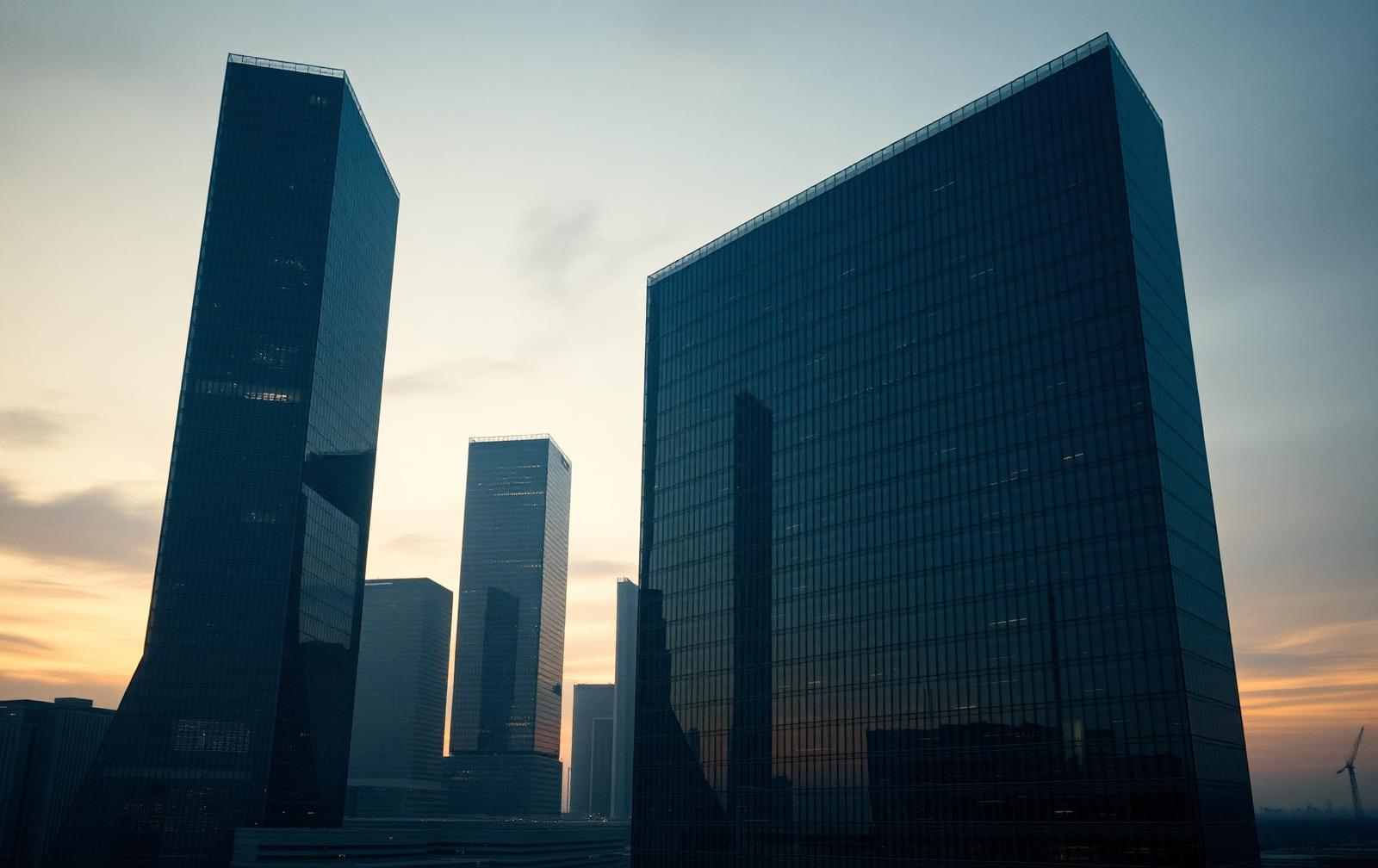 Energy sector corporate towers at dawn