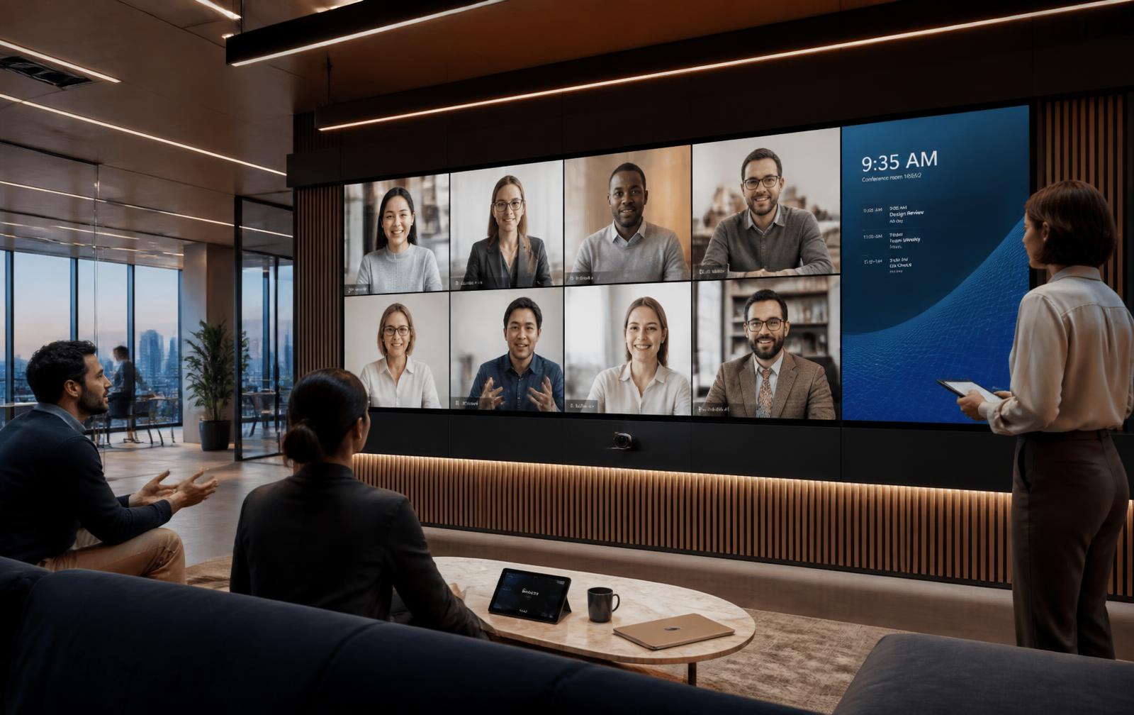 Distributed enterprise team collaborating over a video wall in a modern workplace