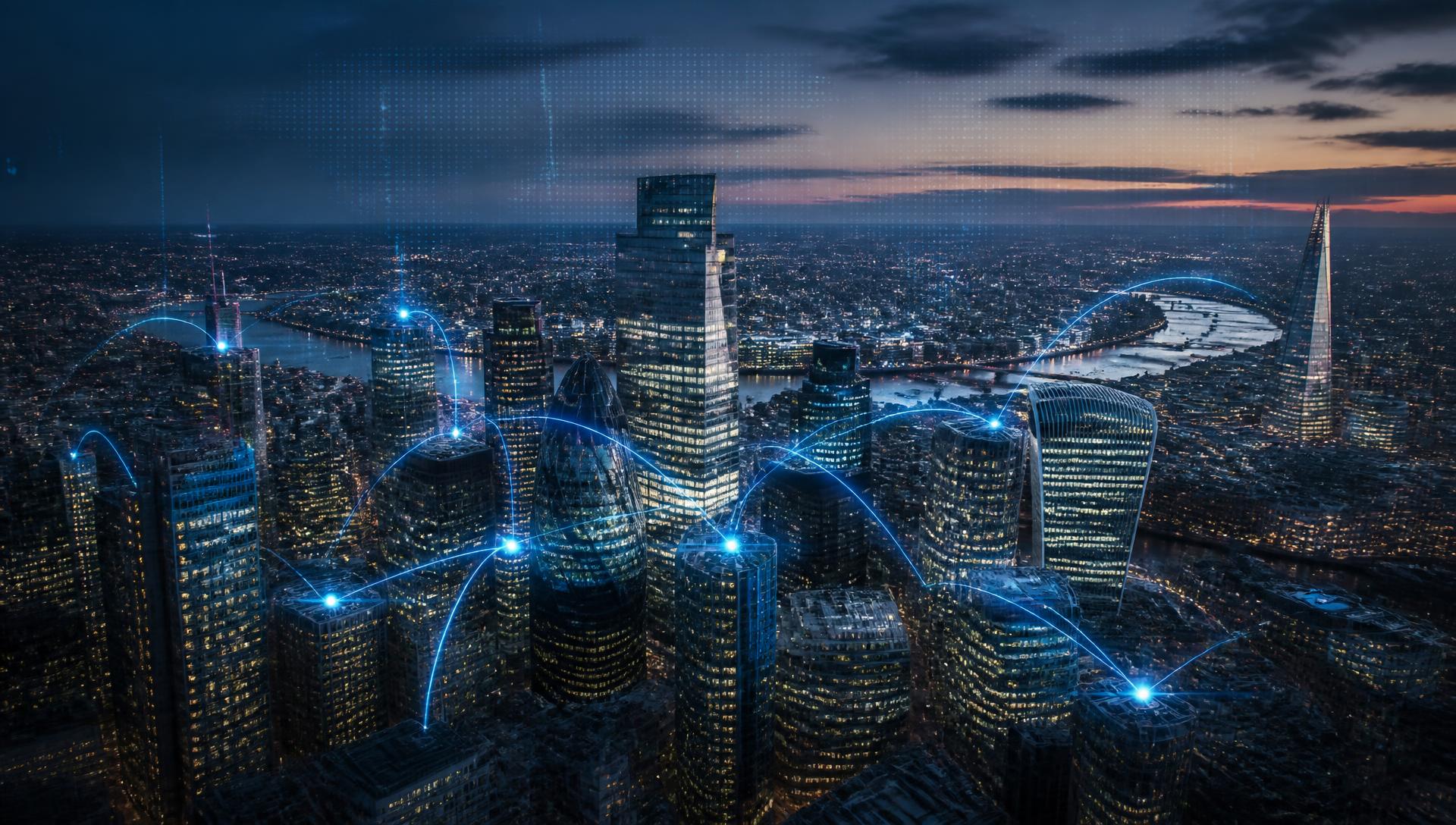 Connected international business districts at dusk